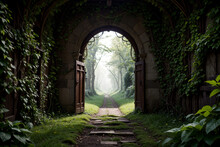 A Stone Tunnel With A Pathway Leading Into It And A Light At The End Of The Tunnel Is Surrounded By Greenery.