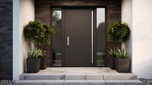 Modern Metal Front Door With Sliding Shield, Entrance Door Anthracite Grey Color. Door Panel Without Handle. Generative AI