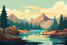 A Mountain Scenery With A River And Trees, Beautiful Vector Landscape Illustration, Outdoor Travel Adventure