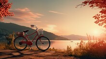 Beautiful Landscape Image Vintage Bicycle Parked By The River At Sunset