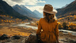 View of young woman traveler sitting , Happy woman traveler looking at mountain background , Created with Generate Ai Technology