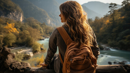 Wall Mural - View of young woman traveler sitting , Happy woman traveler looking at mountain background , Created with Generate Ai Technology