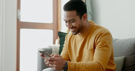 Poster - Hands, man texting and phone at home with social media post, networking and online on a sofa. Mobile app, happy message and typing on a living room couch with digital entertainment and tech in house