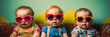 funny studio portrait of 3 babies wearing colourful sunglasses