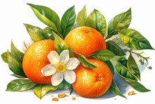 Ripe Tangerines With Leaves And Flowers On A White Background Generative Ai