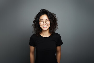 portrait of a smiling asian woman wearing a t-shirt with standing and looking at the camera. face of