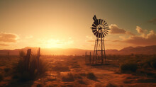 Sunset over a windmill in the desert of Nevada, USA generative ai