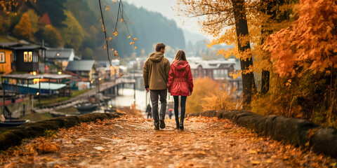 rear view of a couple in love holding hands and walking away in the golden yellow autumn countryside near a lake