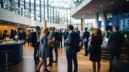 Wall Mural - delegates networking at conference drinks reception, group of business people talking at networking 