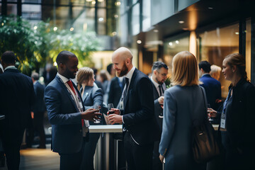 Wall Mural - delegates networking at conference drinks reception, group of business people talking at networking 