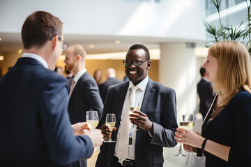 Wall Mural - delegates networking at conference drinks reception, group of business people talking at networking 