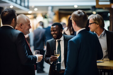 Wall Mural - delegates networking at conference drinks reception, group of business people talking at networking 