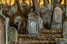 Tombstones In An Old Cemetery At Night.