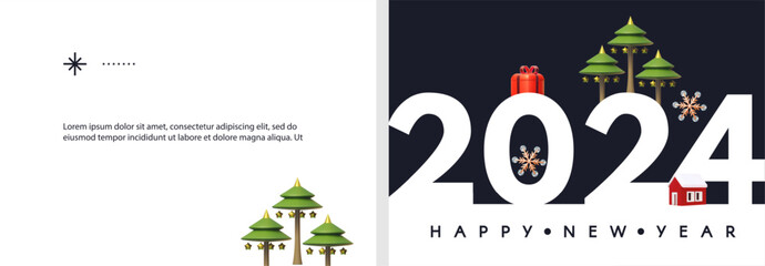 Wall Mural - Happy New 2024 Year flyer template set. 3D and paper design. Season winter offer.