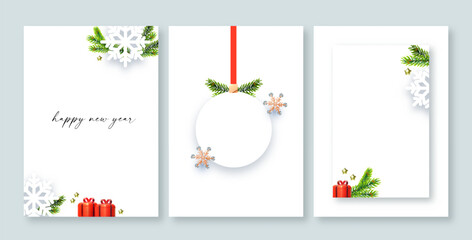 Wall Mural - Merry Christmas and Happy New Year flyer template set. 3D and paper design. Season winter offer.