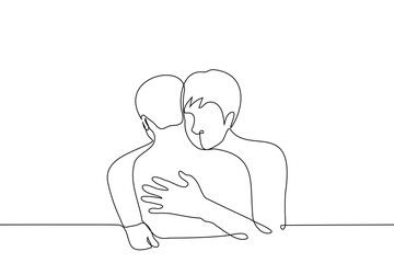 Wall Mural - men hugging - one line art vector. concept of male skinship, brothers, friends or homosexual lovers