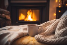 Cozy Home Cozy Fireplace In Soft Pajamas. Сoncept Enjoying A Cozy Fireplace At Home, Wearing Soft Pajamas For Comfort, Making Home Feel Cozy, Relaxing In Your Home