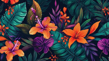 Seamless Pattern With Tropical Leaves And Hibiscus Flowers Generative Ai