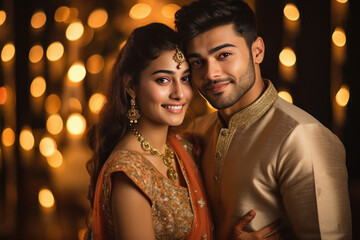 Young indian couple in traditional wear and celebrating diwali festival.