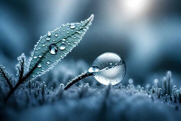 Wall Mural - In a frost-covered forest, a closeup of a single dewdrop clings to a leaf. The frozen world around it adds a sense of stillness and wonder to this tiny, glistening gem.  