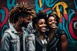 © freelanceartist - Image of attractive young black punk rock friends standing against a graffiti wall background.