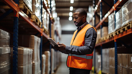 Warehouse worker and manager checks stock and inventory with using digital tablet computer in the retail warehouse full of shelves with goods. Working in logistics, Distribution center.