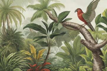 Jungle Background with Big Leaf and Bird for Backyard Landscape Mural Art. 