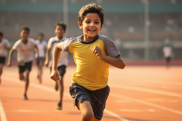 Indian little boy running in stadium. Concept of action, sport, healthy life, competition.