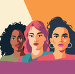 Women's Day banner. A group of beautiful women with different beauty, skin color. The concept of woman, femininity, independence and equality. Vector illustration