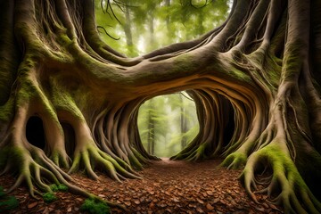 Wall Mural - Among towering trees, capture a closeup of a gnarled root formation that resembles an ancient doorway. This whimsical perspective invites viewers to imagine stepping into a magical realm.  