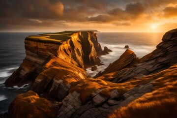 The rugged textures of a windswept coastal cliff bathed in the golden light of sunset  