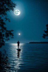 Wall Mural - Man at Sup board against full moon at lake