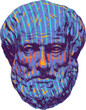 Psychedelic art, great greek philosopher Aristotle, modern grunge style, isolated vector head, acid color drawing of human brain