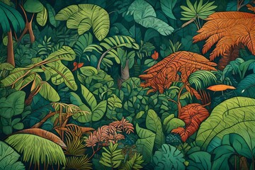 Wall Mural - A close-up of a rainforest canopy, capturing the vibrant diversity of plant and animal life.  