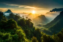 Tropical Forest Nature Landscape View With Mountain Range At Doi Chiang Dao, Chiang Mai Thailand Panorama
