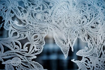 Wall Mural - The intricate patterns of frost etched onto a window, resembling delicate lacework.  