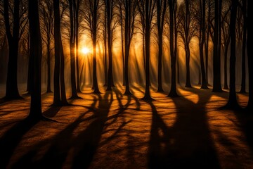 Wall Mural - The interplay of light and shadow as the sun sets behind a silhouetted grove of trees.  