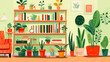 © Boris - Risograph styled illustration, interior design of a room with plants and books