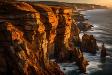 Wall Mural - The rugged textures of a windswept coastal cliff bathed in the golden light of sunset  