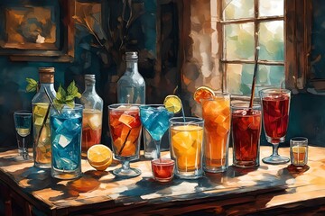 Wall Mural - drinks on table 