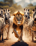 Fototapeta Dziecięca - A lion running with a herd of zebras