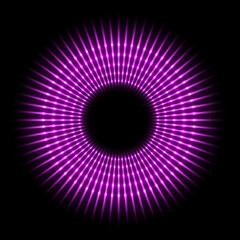 Wall Mural - Ring of lines with purple glow light effect vector illustration. Abstract pink neon circle with flash rays, circular shiny frame, radial fantasy portal of energy sparks on black background