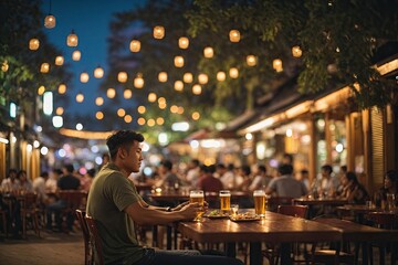 Bokeh background of Street Bar beer restaurant outdoor. ai generative