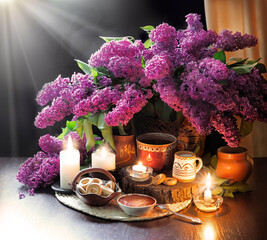 Wall Mural - Still life from food and lush lilac boquet