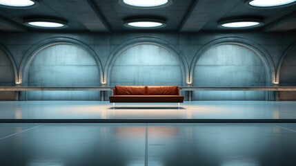 Wall Mural - An empty room with a couch in the middle of it. Fictional image.