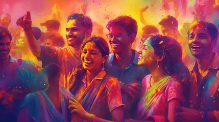 Illustration of indian people celebrating holi festival, happiness, colorful powder in background, Generative ai