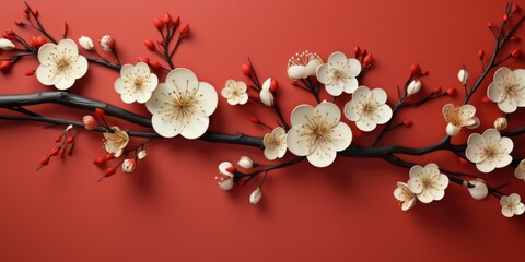 A close up of a branch of a tree with flowers. Fictional image. Decorative plum flowers.
