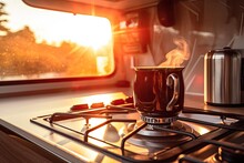 Morning Coffee On The Stove In A Motorhome. Coffee At Dawn And The Road To Adventure. Road Travel In Motorhome And A Cup Of Warm Coffee In The Rays Of Morning Sun.