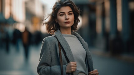 a stylish urban portrait: smiling businesswoman shines in city street fashio, generative ai