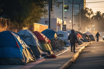 A city with tents and garbage. There are poor homeless people everywhere